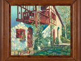 an oil painting of a house with a balcony and a balcony