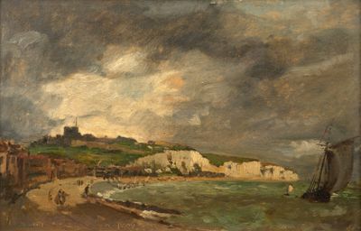 une image représentant une peinture d'une vue sur une plage avec un château au loin