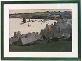tableau représentant une vue de plage avec des bateaux dans l'eau