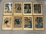 six estampes japonaises encadrées représentant une femme et un chat