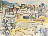 une image d'une peinture de bateaux dans un port