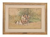 an image of a painting of a group of dogs resting on the ground
