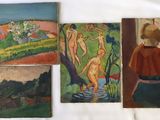 several paintings of a woman in a red dress are hanging on a wall