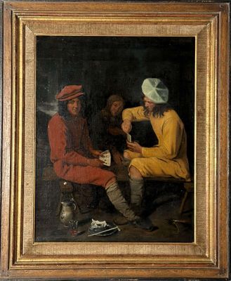 tableau représentant deux hommes assis à une table devant une tasse de thé