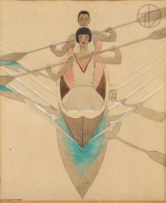 painting of a man and a woman in a canoe with paddles