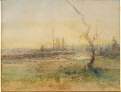 une image représentant un tableau de paysage avec un arbre au premier plan et un plan d'eau au loin