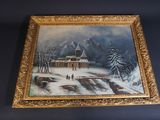 an oil painting of a snowy landscape with a church in the background
