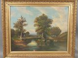 une peinture à l'huile représentant des vaches au bord d'une rivière, avec un pont en arrière-plan
