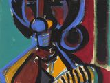 une peinture représentant une femme avec un chapeau bleu et une robe jaune
