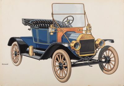 painting of a blue and orange car on a white background