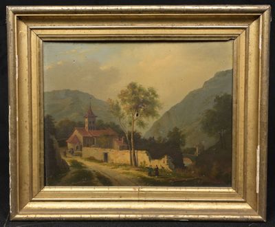 une peinture à l'huile représentant une scène de campagne avec des vaches et une maison en arrière-plan