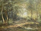 un tableau représentant une scène de forêt avec un ruisseau au premier plan
