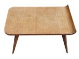 a small wooden table with a wooden top on a white background