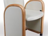 a white chair with a wooden frame and a white seat
