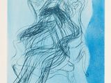 a blue drawing of a woman with long hair