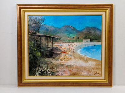 tableau représentant une scène de plage avec des personnes sur la plage