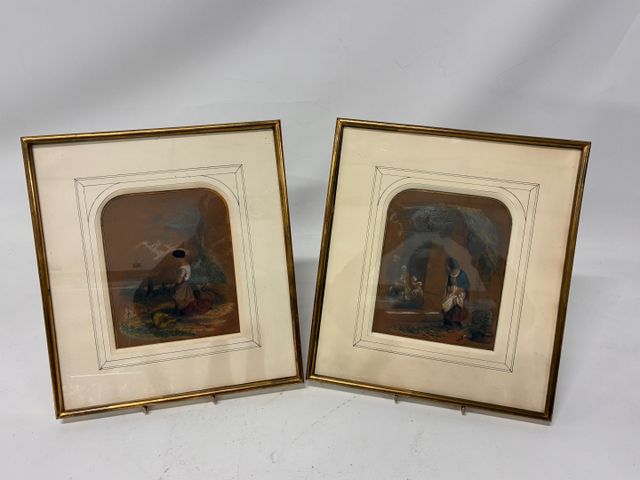 École française 19ème – En pendant, deux pastels sur fond brun re...
