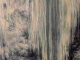 painting of a pond with trees and a bench in the middle of it