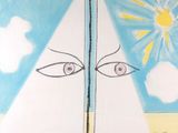a drawing of a sailboat on the water with a sun in the background