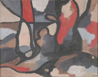 a painting of a vase and a pair of shoes on a table