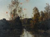 tableau représentant une rivière avec des arbres et un ciel en arrière-plan