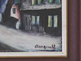 a painting of a man standing in front of a book shelf