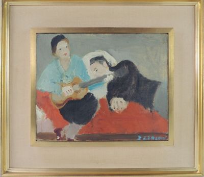 tableau représentant une femme jouant de la guitare avec deux enfants et un chien