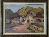 une peinture à l'huile représentant un village de montagne au bord d'une rivière