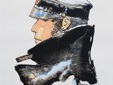 dessin représentant un homme portant un chapeau et un manteau, une pipe à la bouche