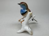 a small blue and brown bird sitting on top of a branch