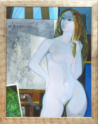 painting of a nude woman standing in front of a painting of a window