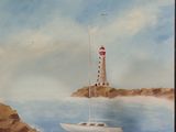 a painting of a sailboat in the water near a lighthouse