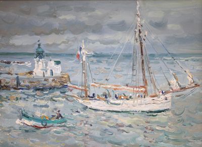 a painting of a boat in the water near a lighthouse