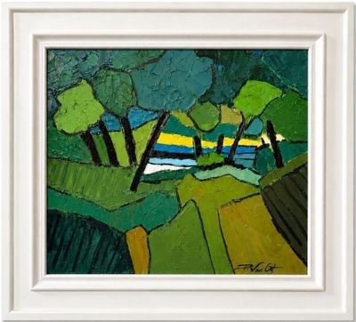a painting of a landscape with trees and a river in the distance