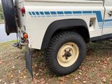 a white truck with a blue stripe parked on the side of the road