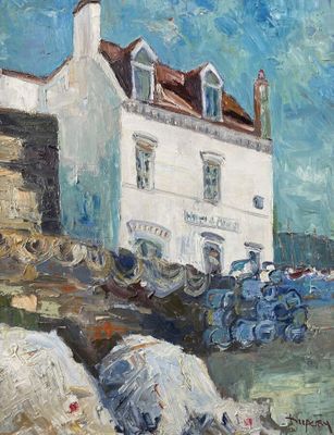 an oil painting of a white building with a red roof and a blue tractor parked in front of it