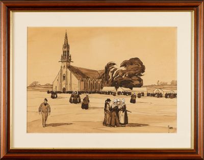painting of a group of people standing in front of a church