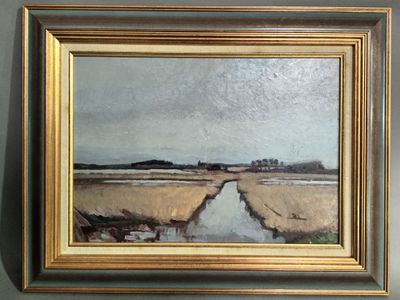 ECOLE XXe, Paysage de plaine, Huile sur panneau,