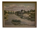 tableau représentant un pont au-dessus d'une rivière, avec un autre pont en arrière-plan