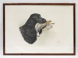 tableau représentant un chien noir tenant un oiseau dans sa gueule