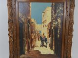 an image of a painting of a horse and carriage in a narrow alley