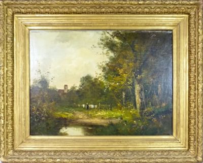une image d'une peinture représentant une rivière dans une zone boisée
