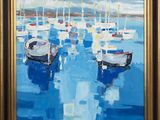 an oil painting of a group of boats floating in a body of water