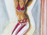painting of a belly dancer in a red and white outfit