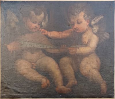 tableau représentant deux chérubins jouant d'un instrument de musique devant un miroir