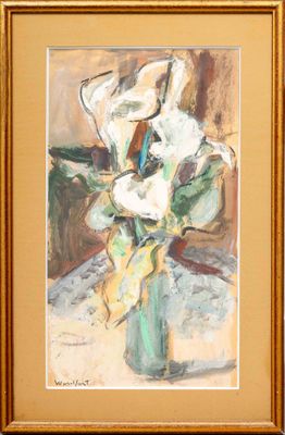 a painting of flowers in a vase on a table