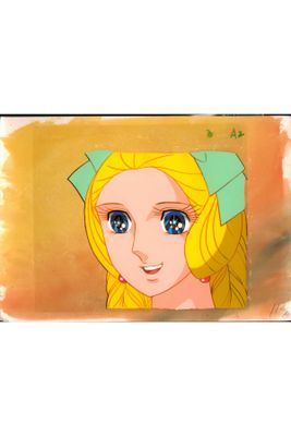 a painting of a girl with blonde hair and a bow on her head