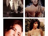 four different pictures of a woman in a bikini and a man in a suit and tie