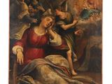 une image représentant un tableau où l'on voit une femme avec des anges en arrière-plan