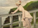 tableau représentant une femme vêtue d'une robe rose et d'un chapeau, appuyée contre une balustrade